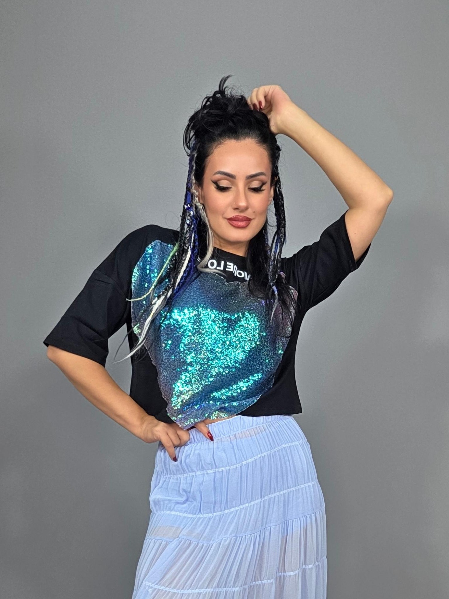 Kalpli Payetli Crop Tişört