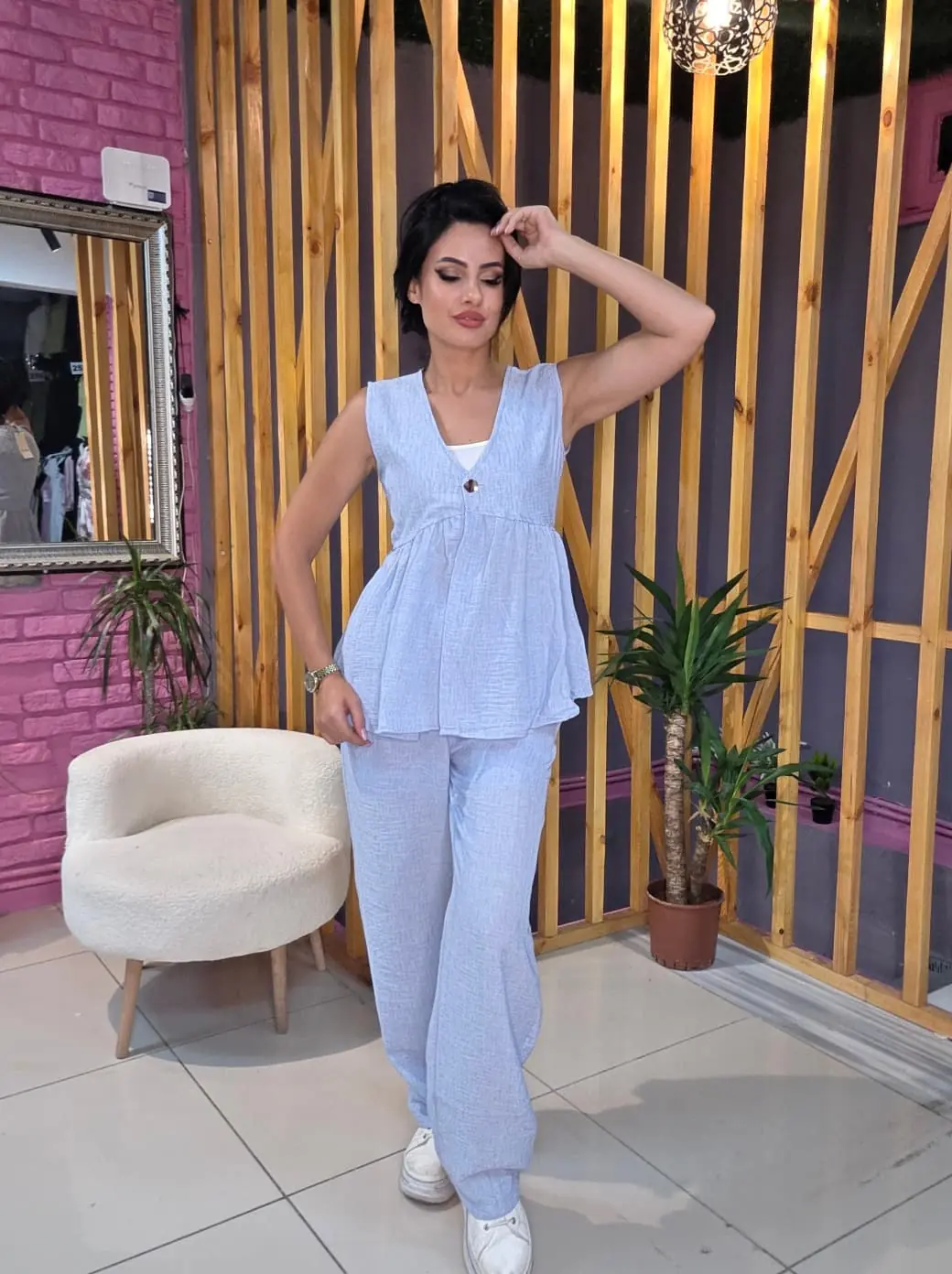 Gizli Düğme Keten İkili Takım · Bebe Mavisi
