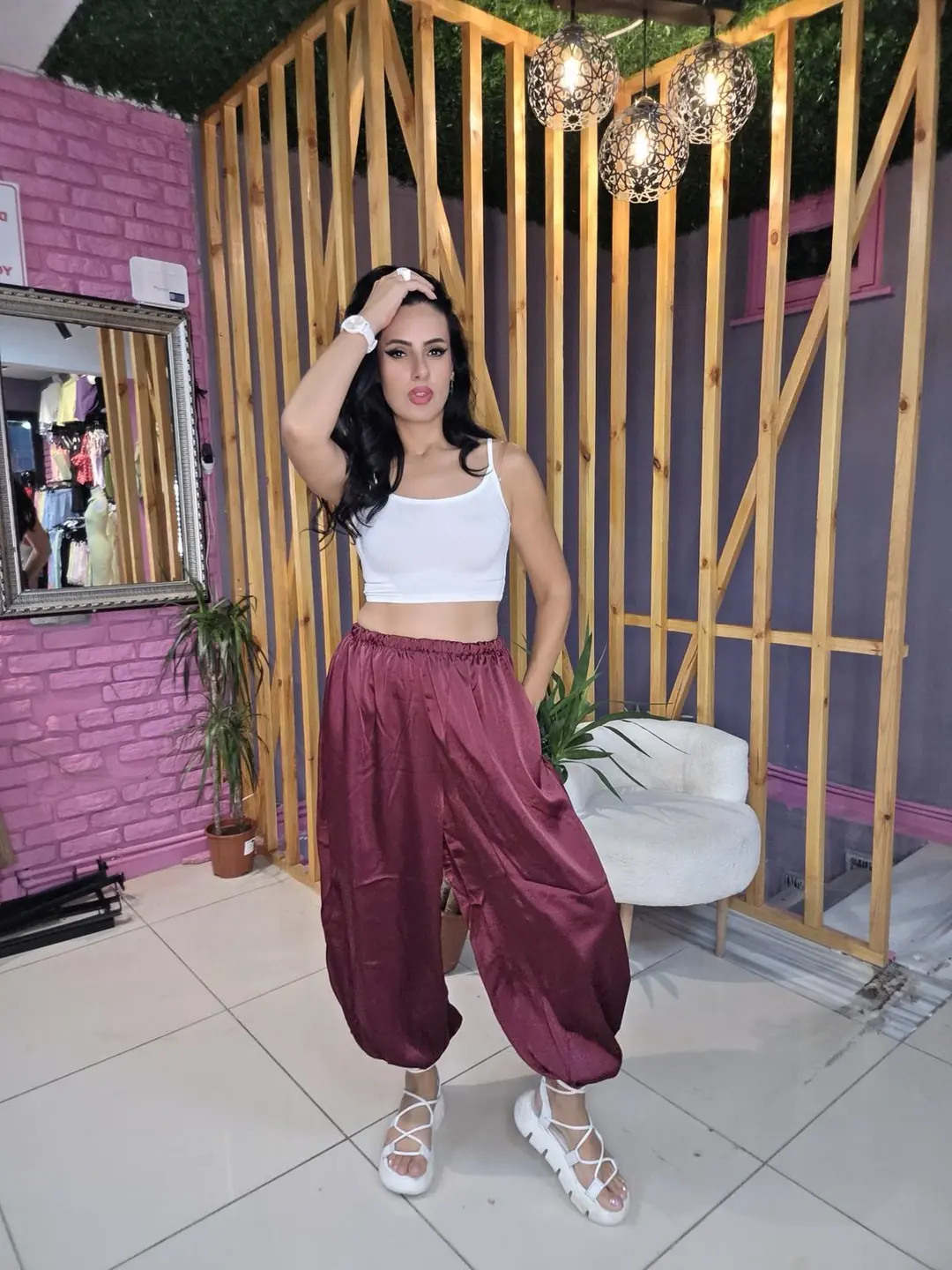 Saten Balon Şalvar Pantolon · Bordo