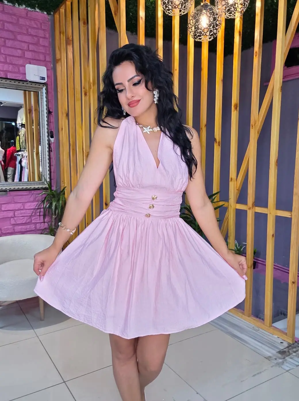 Sırt Dekolteli Astarlı Mini Elbise · Pembe