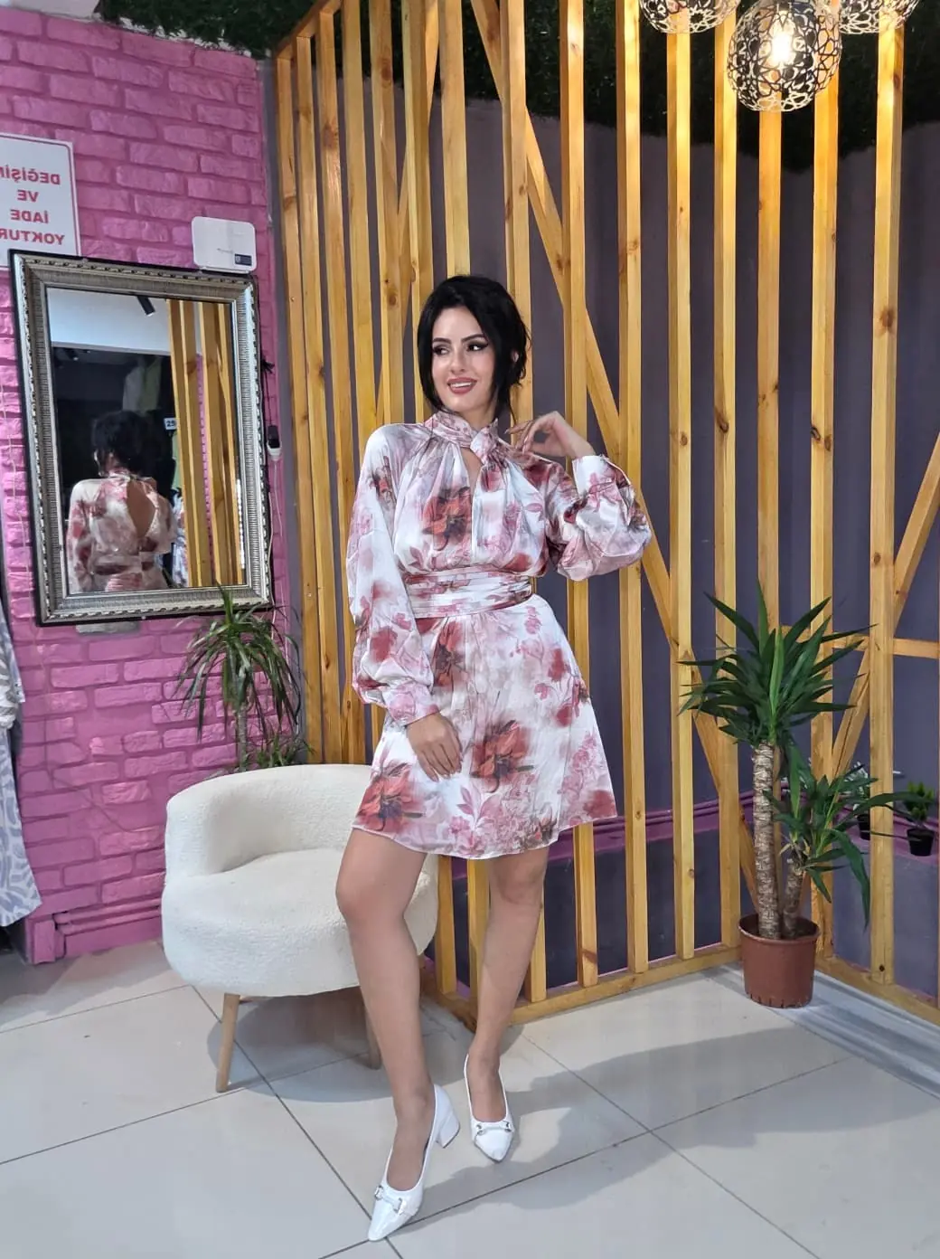 Uzun Kollu Astarlı Şifon Elbise